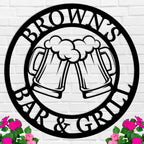 Custom metal bar sign with clinking beer mugs design, personalized steel wall décor for home bar, patio, grill, or man cave, laser cut and powder-coated finish.