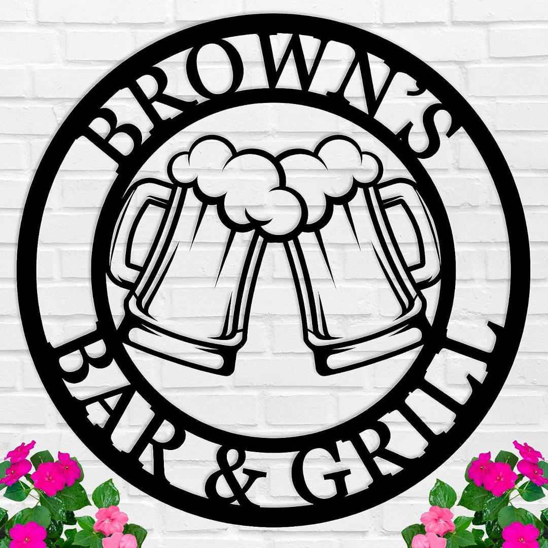 Custom metal bar sign with clinking beer mugs design, personalized steel wall décor for home bar, patio, grill, or man cave, laser cut and powder-coated finish.