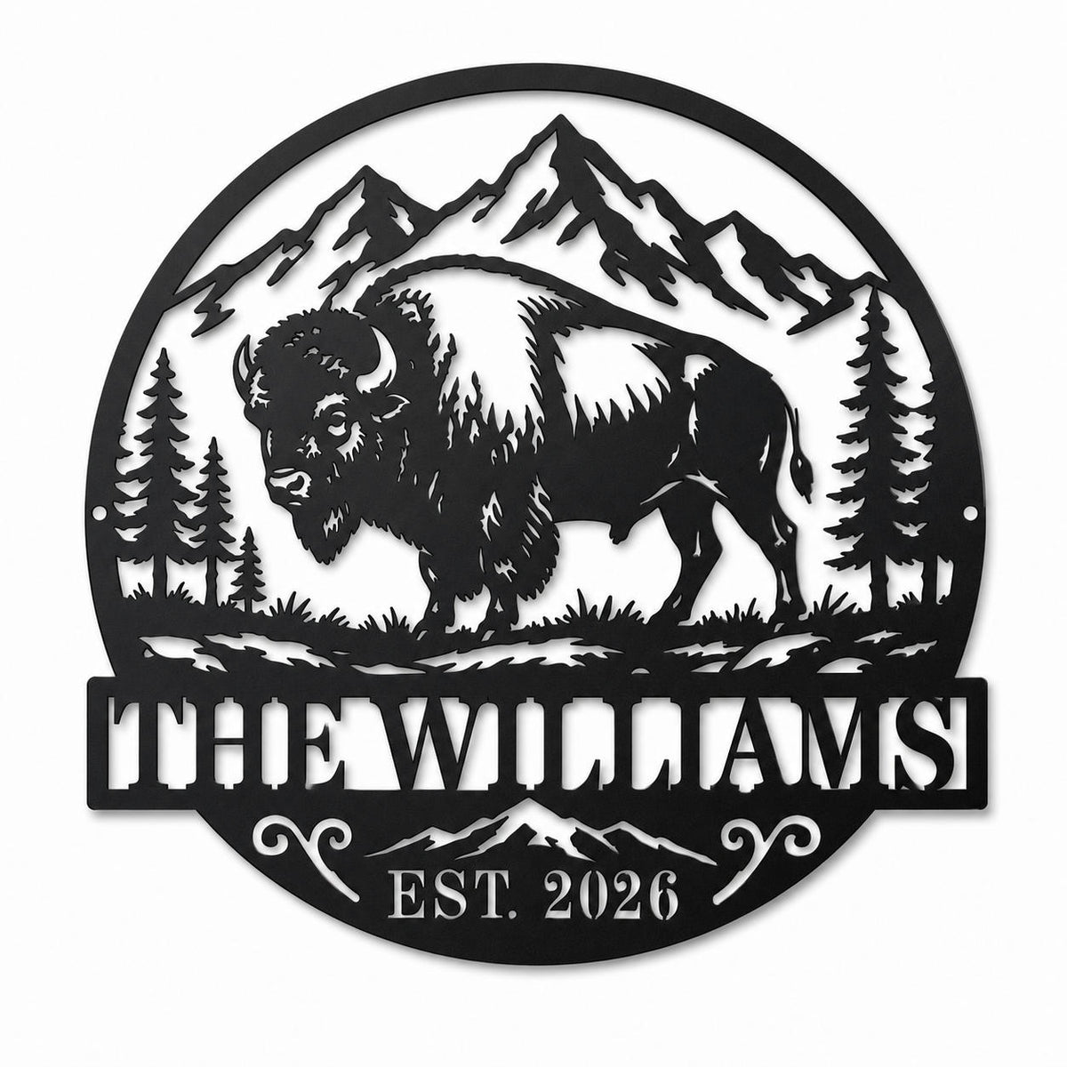 Personalized Williams bison family metal sign with mountain and pine tree design on white background. Main image
