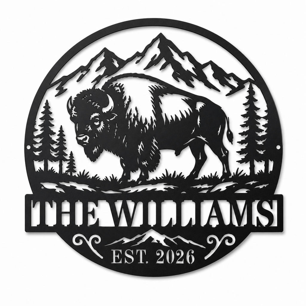 Personalized Williams bison family metal sign with mountain and pine tree design on white background.