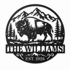 Personalized Williams bison family metal sign with mountain and pine tree design on white background.