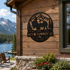 Custom bison family metal sign mounted on a rustic lakeside mountain cabin.