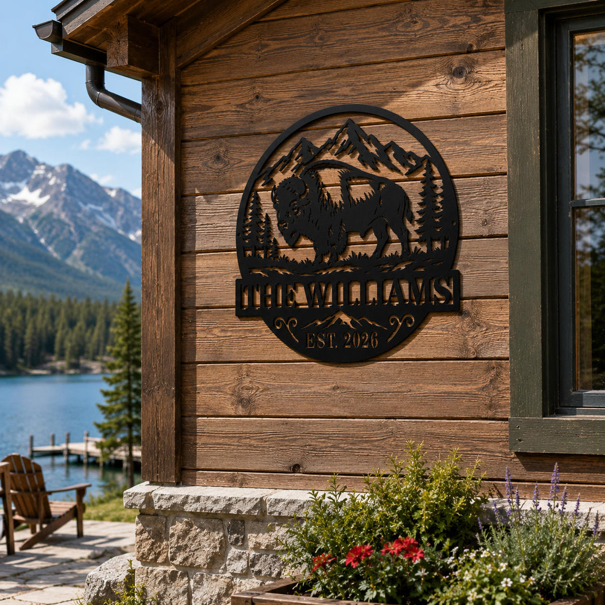 Custom bison family metal sign mounted on a rustic lakeside mountain cabin.