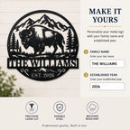 Customization guide for a bison metal family sign showing family name and established year options.