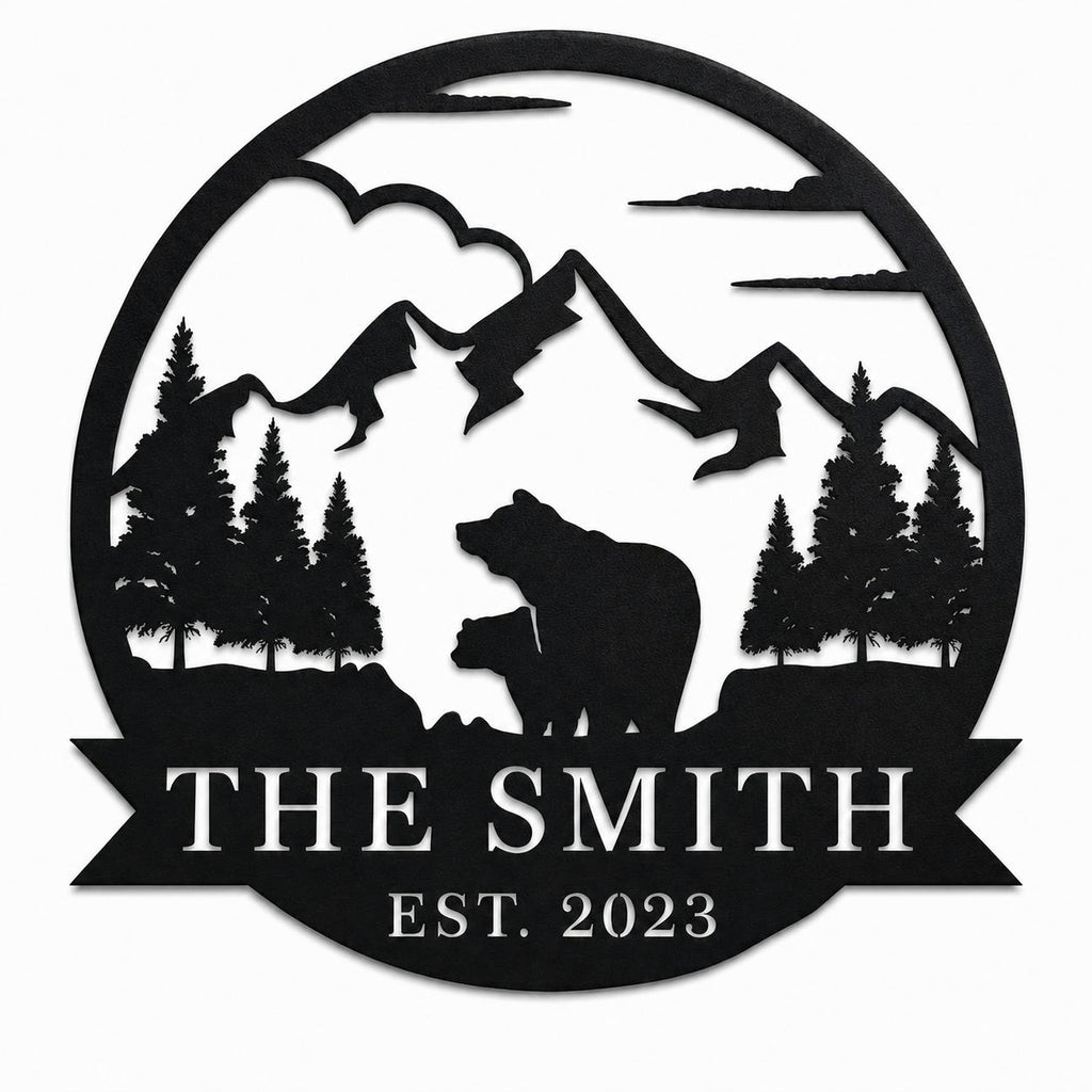 Custom black metal family name sign with mountain bear design isolated on white background