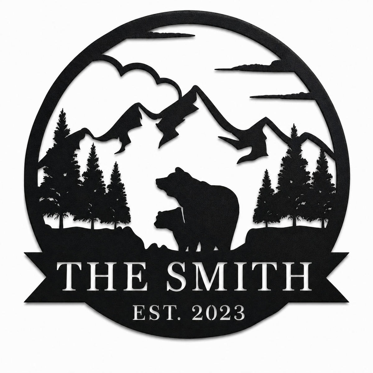 Custom black metal family name sign with mountain bear design isolated on white background