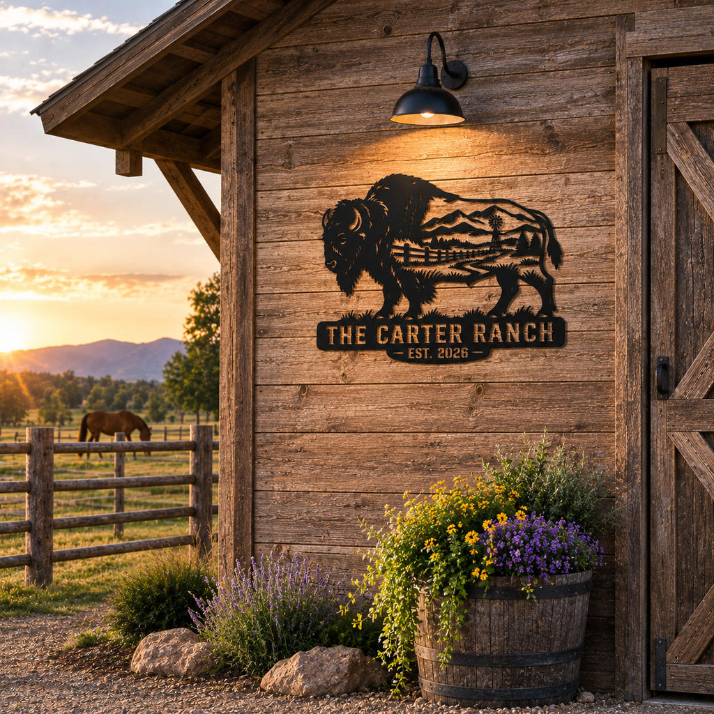 Custom buffalo ranch metal sign displayed on a rustic American barn.