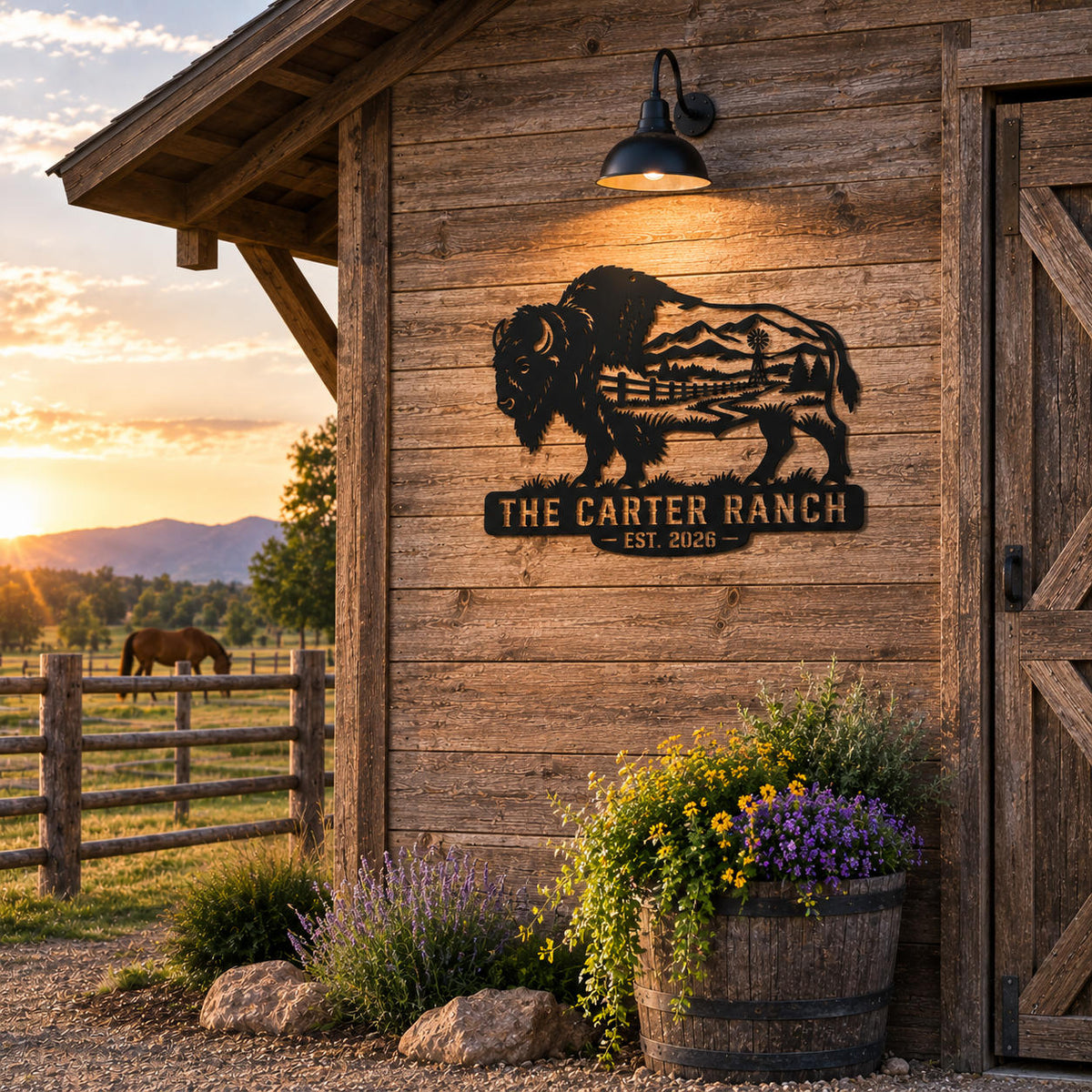 Custom buffalo ranch metal sign displayed on a rustic American barn.