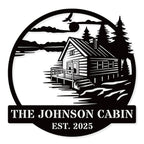 Personalized metal cabin sign with lake and pine trees – Custom family name and established year