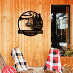 Personalized metal cabin sign with lake and pine trees – Custom family name and established year