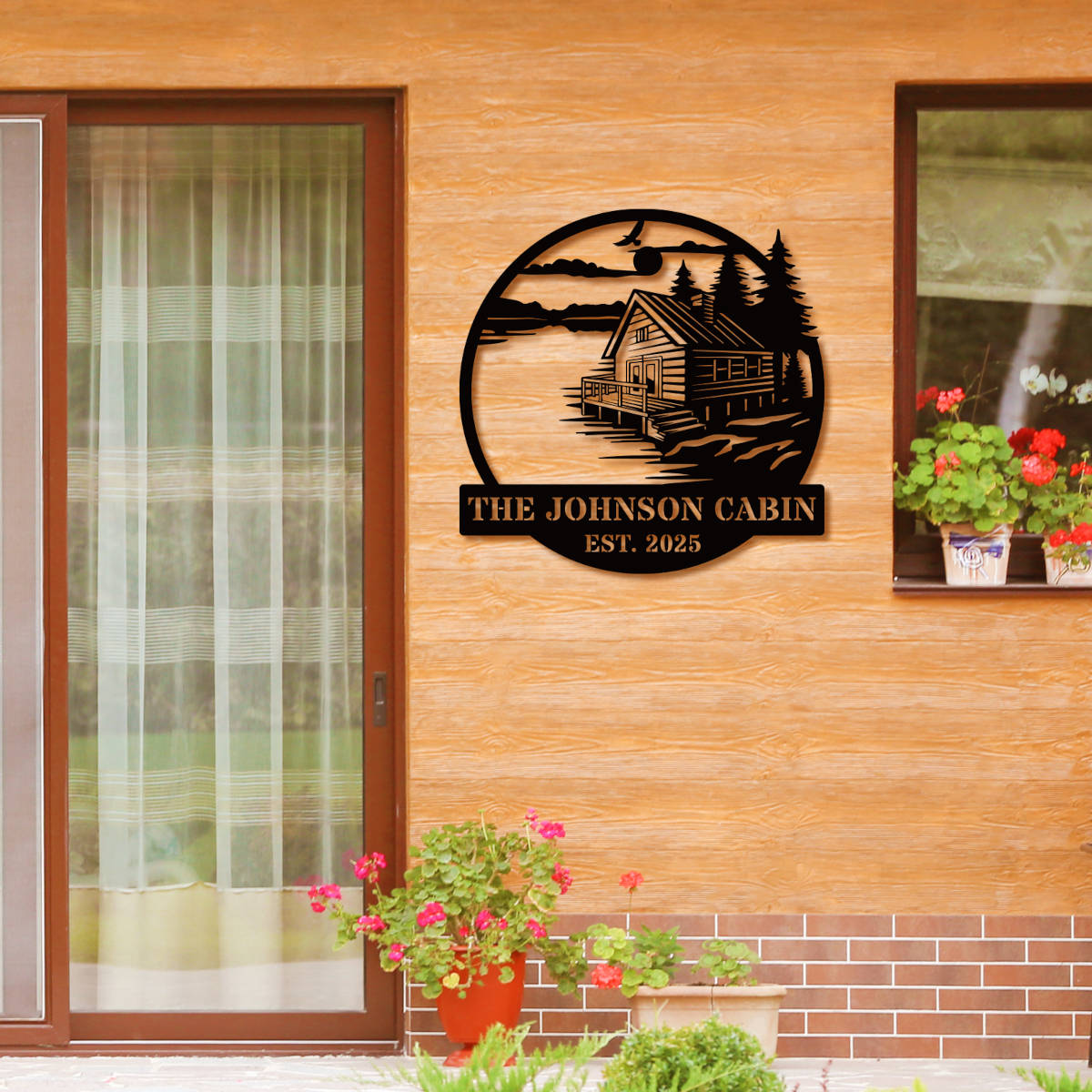 Personalized metal cabin sign with lake and pine trees – Custom family name and established year
