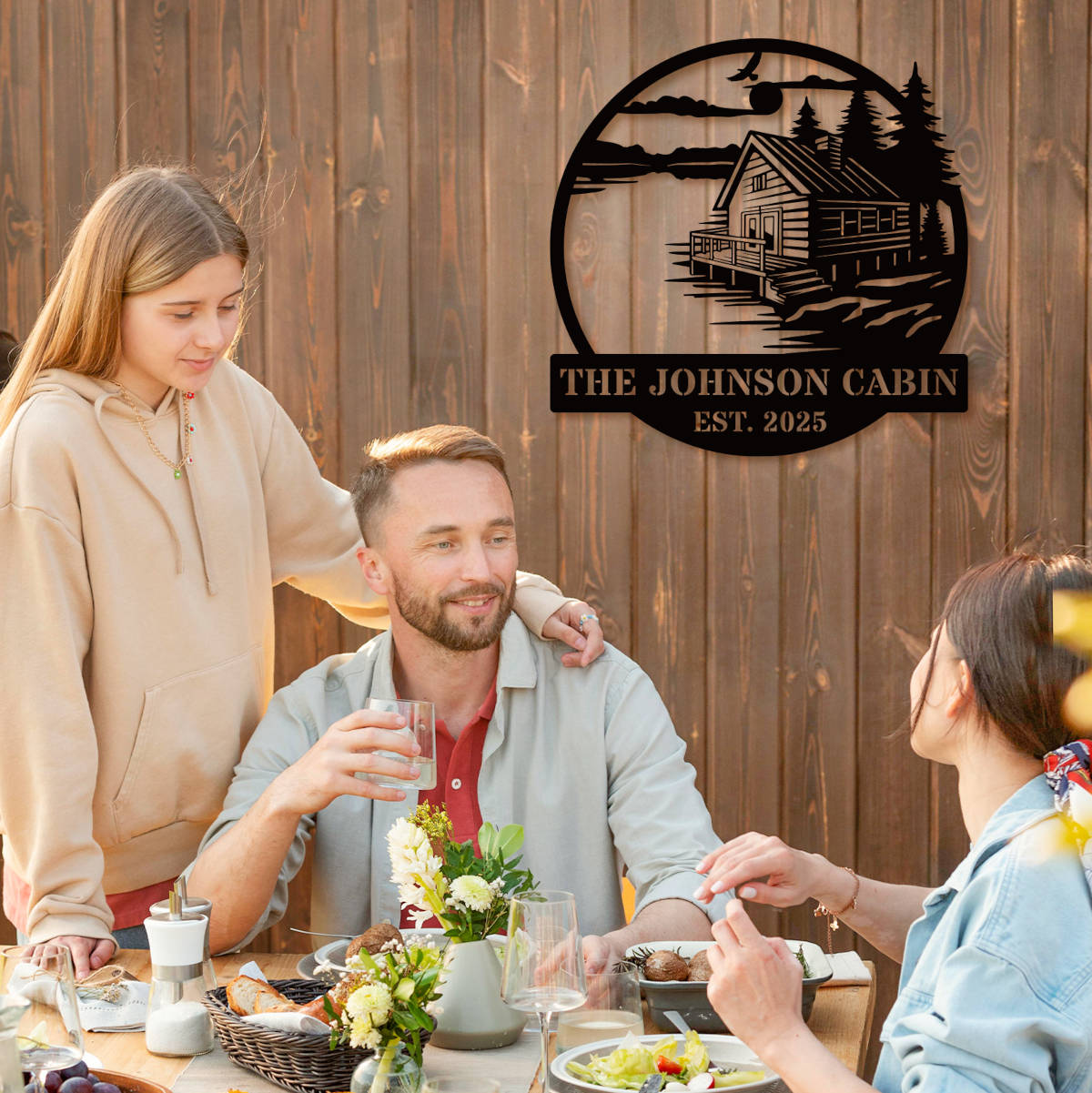 Personalized metal cabin sign with lake and pine trees – Custom family name and established year