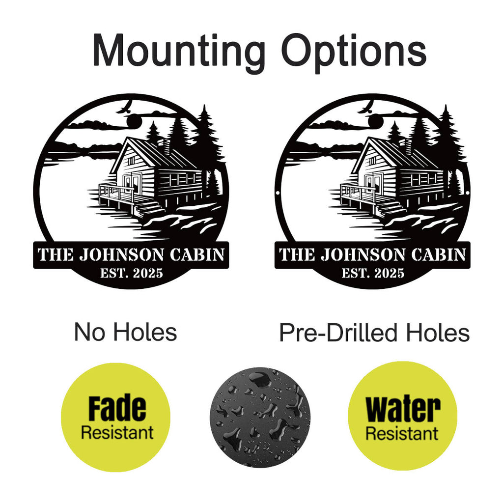 Personalized metal cabin sign with lake and pine trees – Custom family name and established year