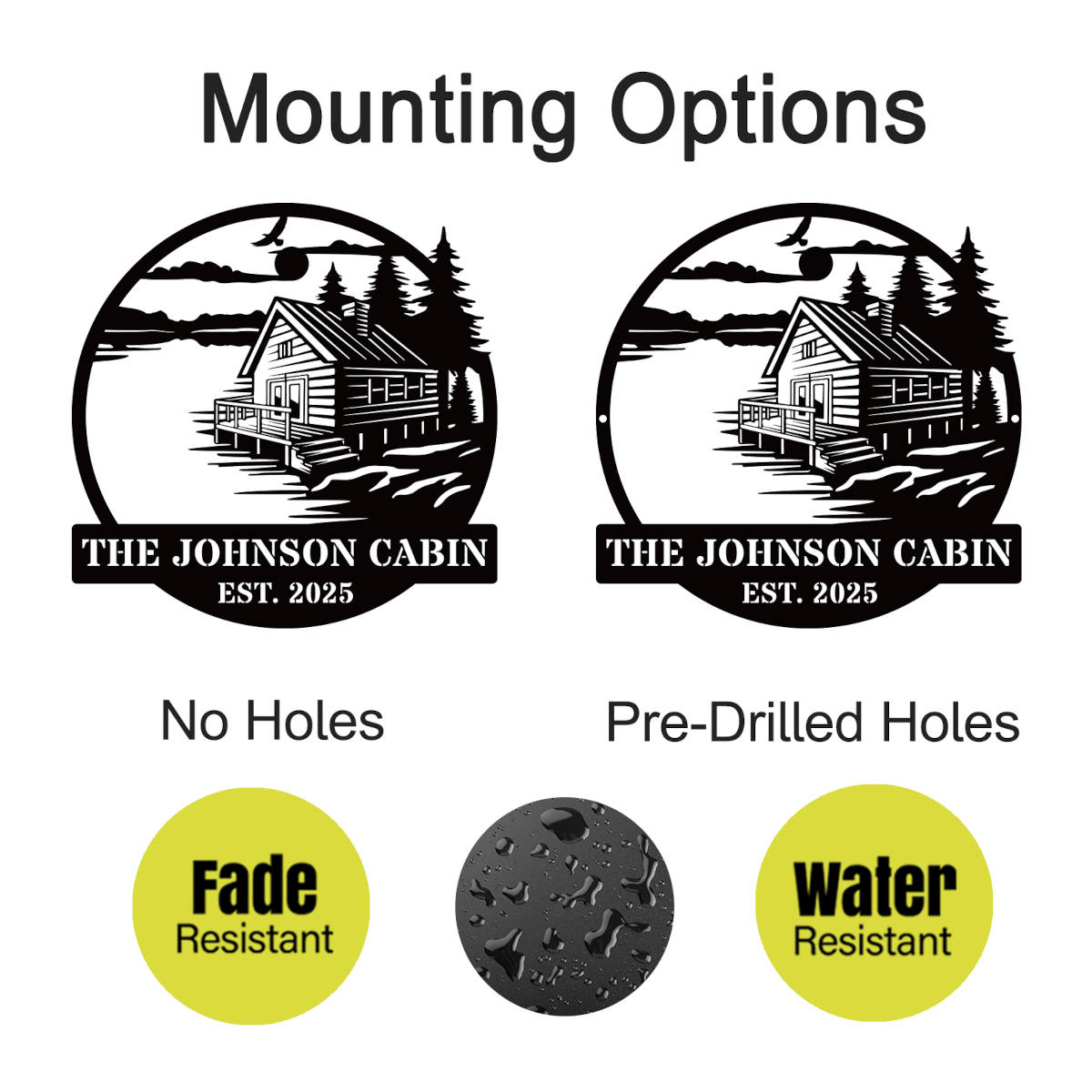Personalized metal cabin sign with lake and pine trees – Custom family name and established year
