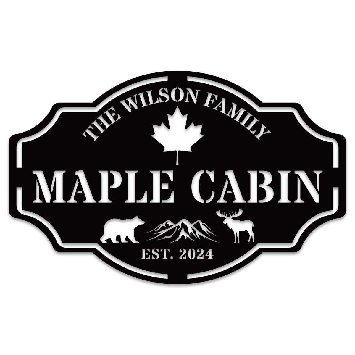 Custom metal cabin sign featuring bear, moose, maple leaf and personalized family name, laser-cut from powder-coated steel Main image