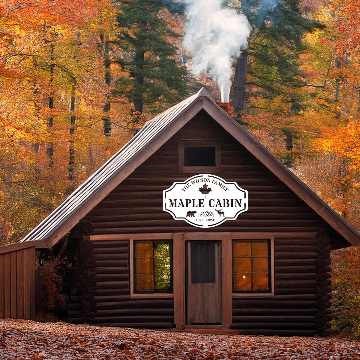Custom metal cabin sign featuring bear, moose, maple leaf and personalized family name, laser-cut from powder-coated steel