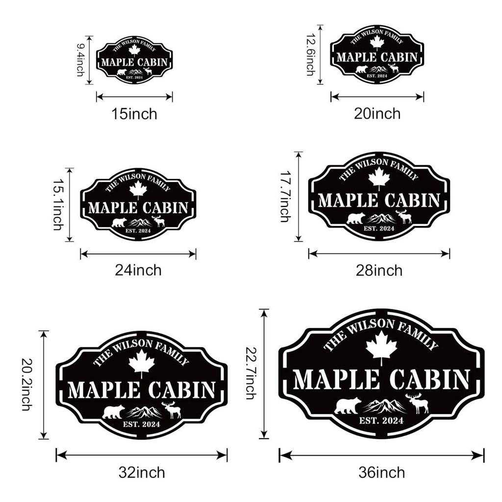 Custom metal cabin sign featuring bear, moose, maple leaf and personalized family name, laser-cut from powder-coated steel