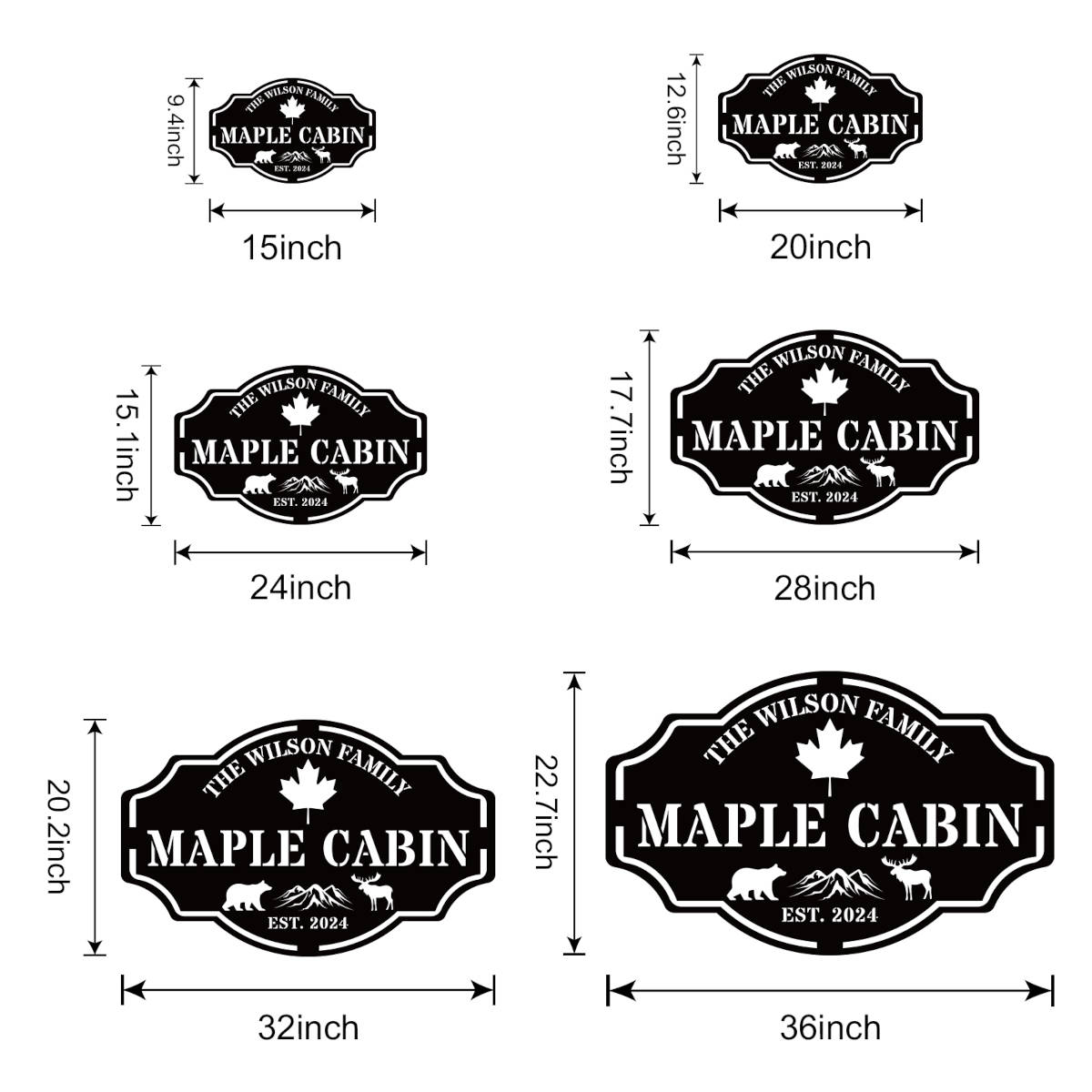 Custom metal cabin sign featuring bear, moose, maple leaf and personalized family name, laser-cut from powder-coated steel