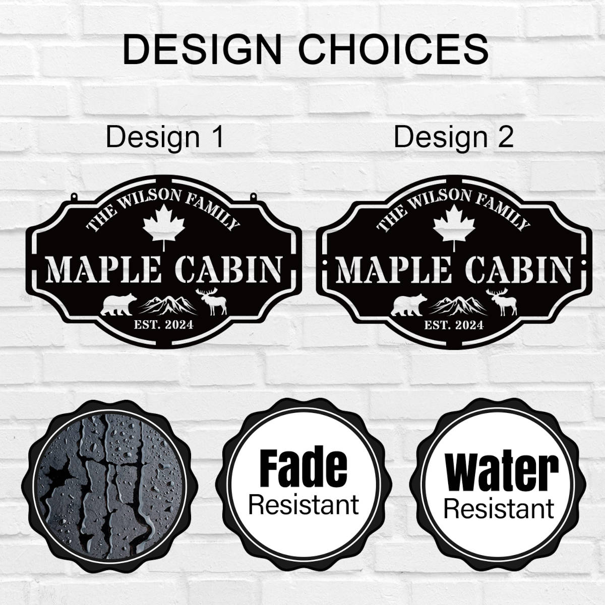Custom metal cabin sign featuring bear, moose, maple leaf and personalized family name, laser-cut from powder-coated steel