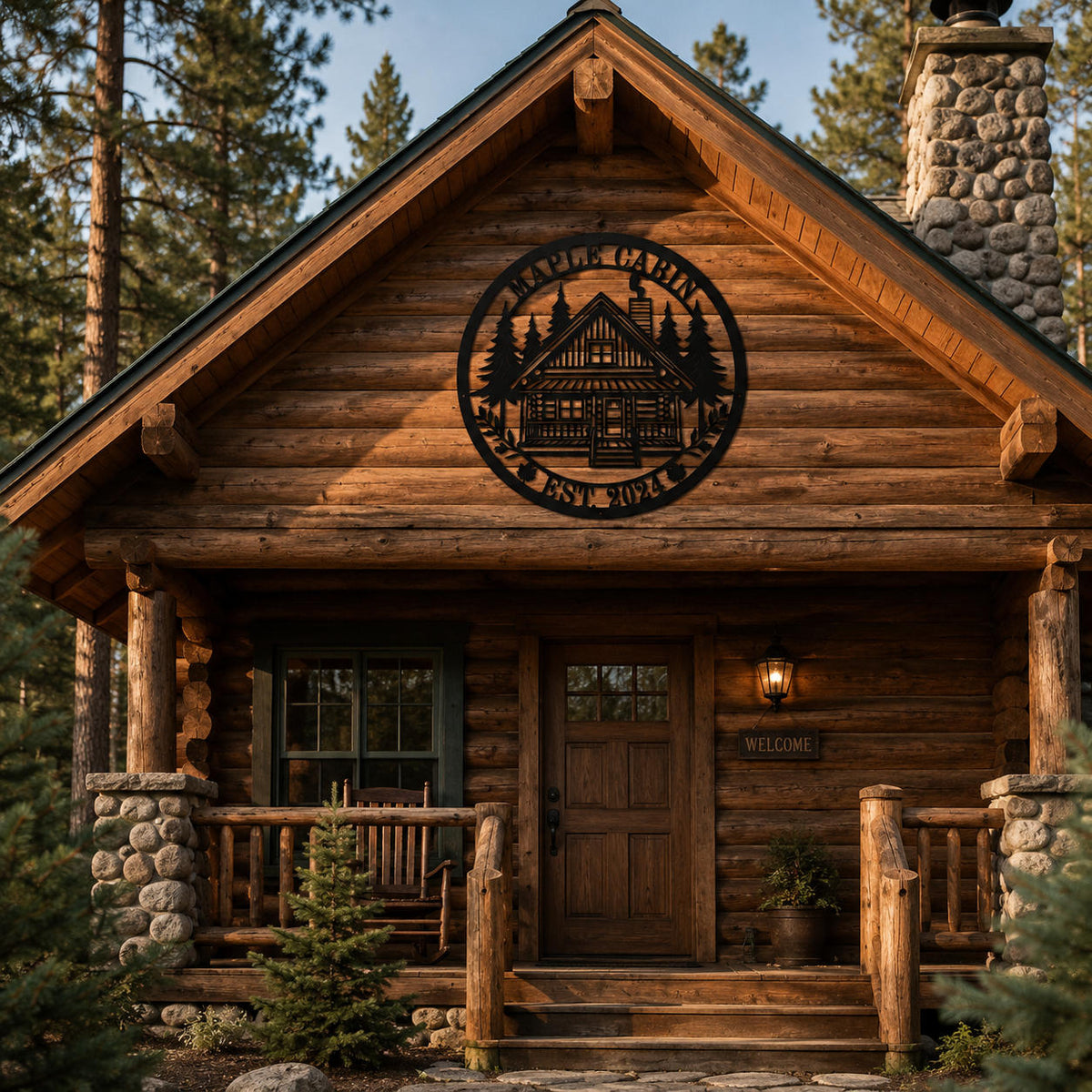 Personalized cabin metal sign displayed above the entrance of a rustic log cabin, custom family name wall decor for mountain cabins and vacation homes.