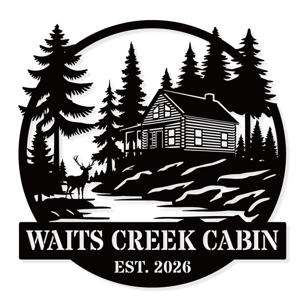 Custom cabin metal sign with pine trees and rustic cabin design, personalized family name and established year, steel wall decor for cabins and vacation homes