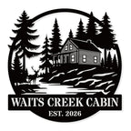 Custom cabin metal sign with pine trees and rustic cabin design, personalized family name and established year, steel wall decor for cabins and vacation homes
