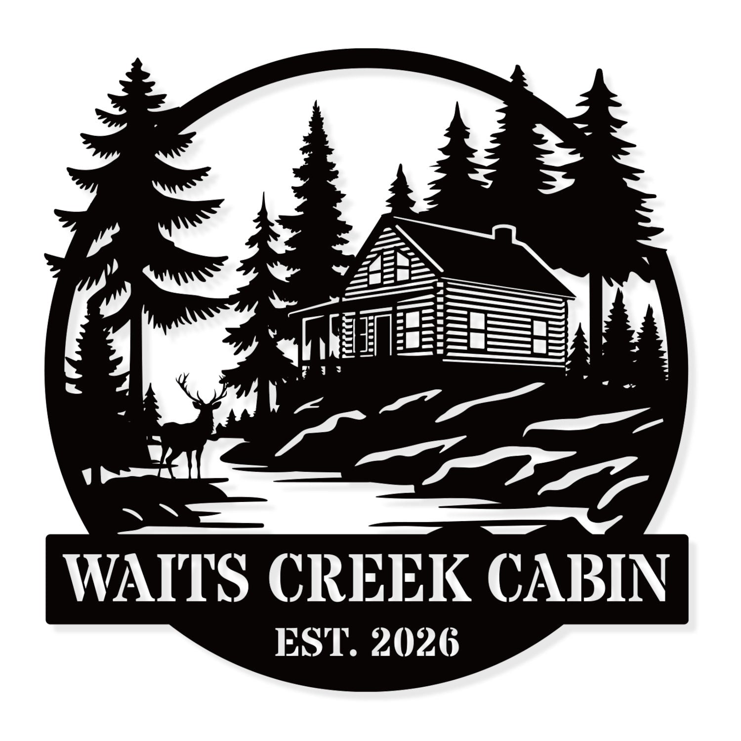 Custom cabin metal sign with pine trees and rustic cabin design, personalized family name and established year, steel wall decor for cabins and vacation homes
