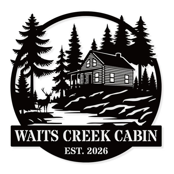 Custom cabin metal sign with pine trees and rustic cabin design, personalized family name and established year, steel wall decor for cabins and vacation homes