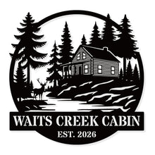 Custom cabin metal sign with pine trees and rustic cabin design, personalized family name and established year, steel wall decor for cabins and vacation homes