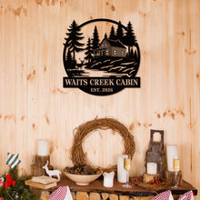 Custom cabin metal sign with pine trees and rustic cabin design, personalized family name and established year, steel wall decor for cabins and vacation homes