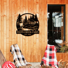 Custom cabin metal sign with pine trees and rustic cabin design, personalized family name and established year, steel wall decor for cabins and vacation homes