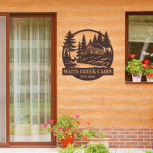 Custom cabin metal sign with pine trees and rustic cabin design, personalized family name and established year, steel wall decor for cabins and vacation homes