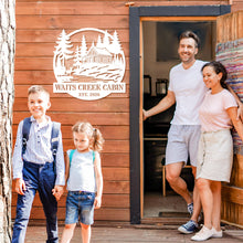 Custom cabin metal sign with pine trees and rustic cabin design, personalized family name and established year, steel wall decor for cabins and vacation homes