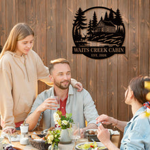 Custom cabin metal sign with pine trees and rustic cabin design, personalized family name and established year, steel wall decor for cabins and vacation homes