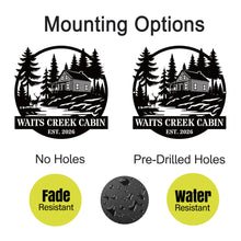 Custom cabin metal sign with pine trees and rustic cabin design, personalized family name and established year, steel wall decor for cabins and vacation homes