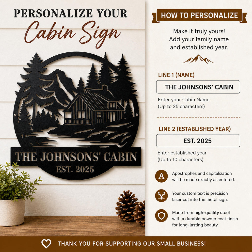 Personalization guide for a custom metal cabin sign showing family name and established year options with premium steel construction.