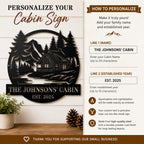 Personalization guide for a custom metal cabin sign showing family name and established year options with premium steel construction.