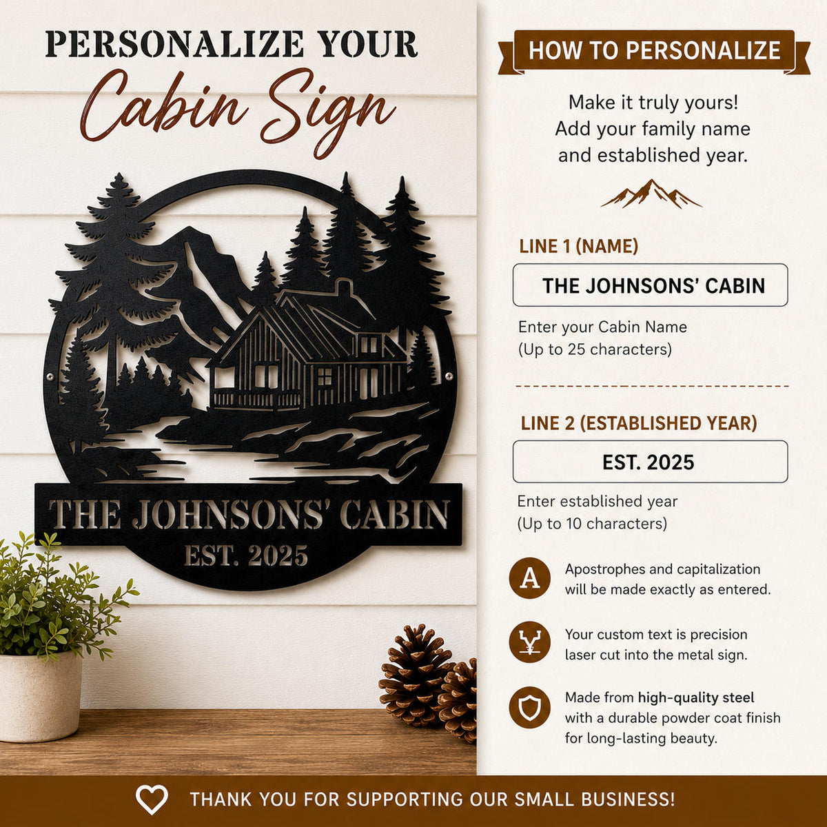 Personalization guide for a custom metal cabin sign showing family name and established year options with premium steel construction.