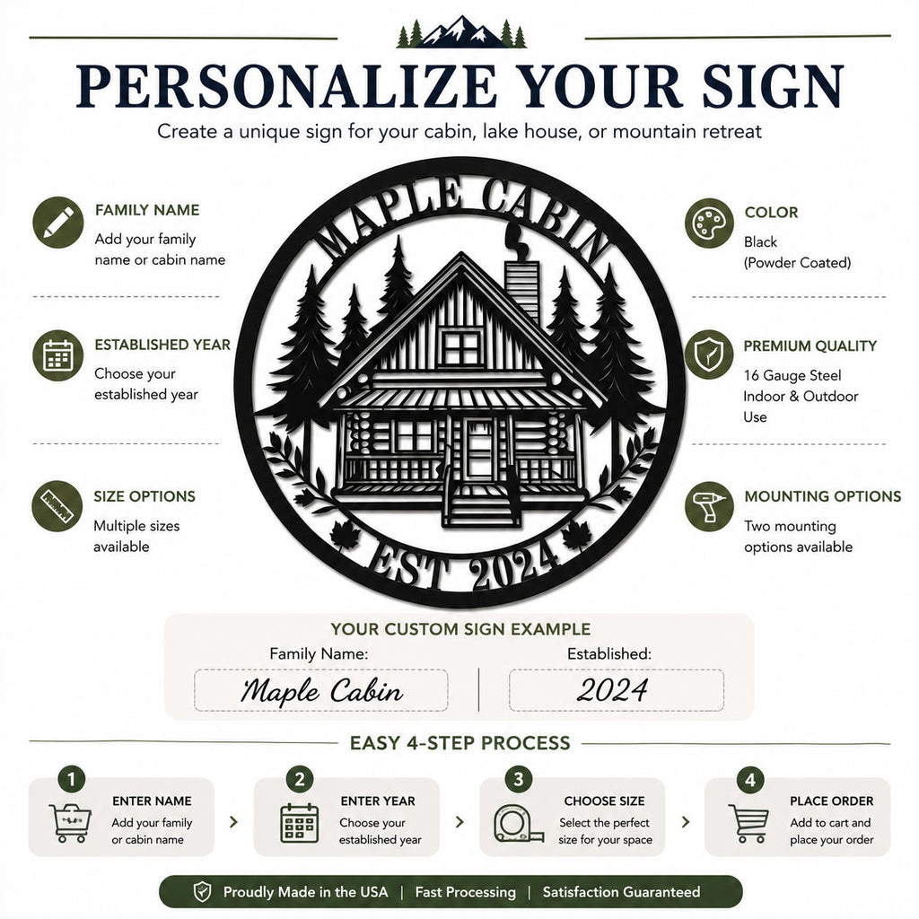 Customize your personalized cabin metal sign by adding your family name, established year, size, color, and mounting option before ordering.
