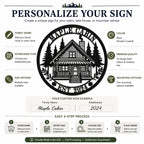Customize your personalized cabin metal sign by adding your family name, established year, size, color, and mounting option before ordering.