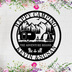 Custom metal camping sign with camper, tent, and mountain design, personalized with names, powder-coated steel for outdoor use.