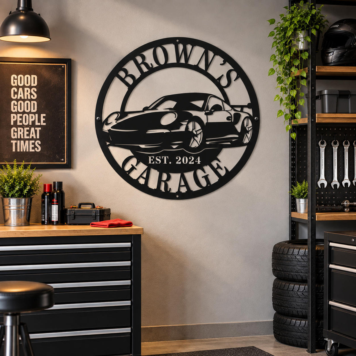 Custom Brown's Garage metal sign displayed in a stylish home automotive workshop with tools and garage decor.
