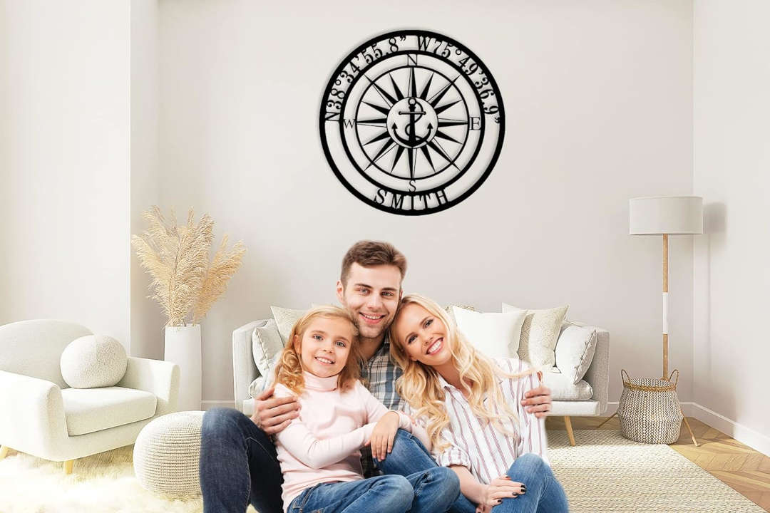 Custom compass metal sign with personalized coordinates and family name, laser-cut steel nautical wall décor with anchor design.