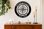 Personalized compass metal sign with custom names, coordinates, and established date, laser-cut from premium steel and powder-coated for durable indoor or outdoor décor.