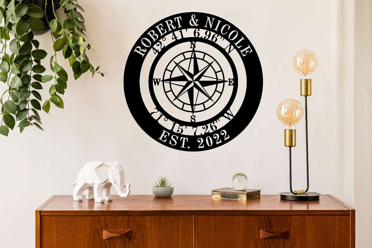 Personalized compass metal sign with custom names, coordinates, and established date, laser-cut from premium steel and powder-coated for durable indoor or outdoor décor.