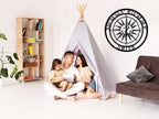 Custom compass metal sign with personalized coordinates and family name, laser-cut steel nautical wall décor with anchor design.