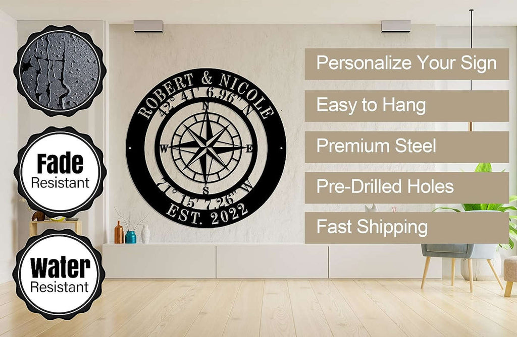 Personalized compass metal sign with custom names, coordinates, and established date, laser-cut from premium steel and powder-coated for durable indoor or outdoor décor.