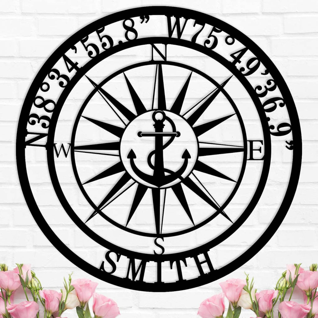 Custom compass metal sign with personalized coordinates and family name, laser-cut steel nautical wall décor with anchor design.