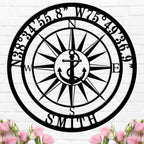 Custom compass metal sign with personalized coordinates and family name, laser-cut steel nautical wall décor with anchor design.