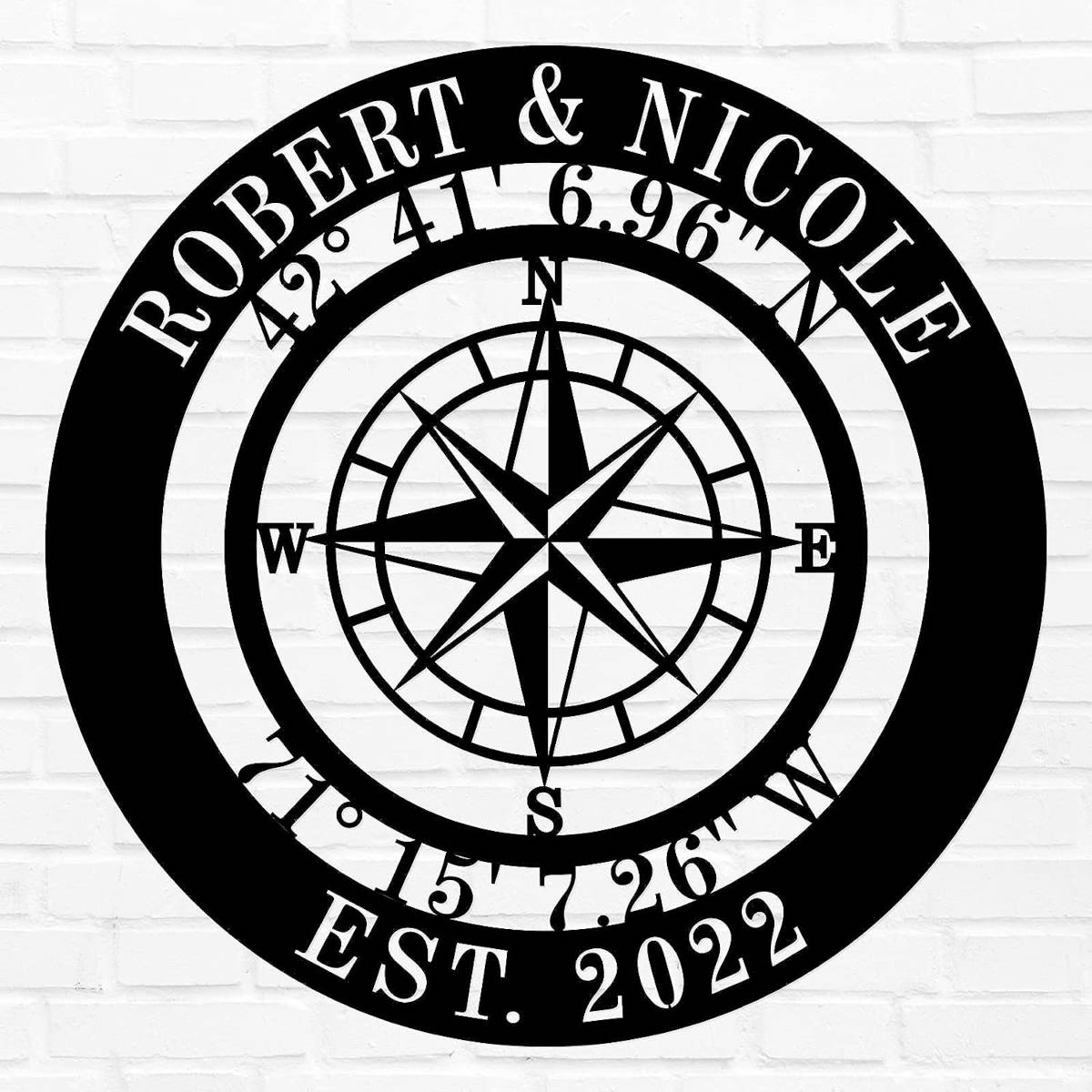 Personalized compass metal sign with custom names, coordinates, and established date, laser-cut from premium steel and powder-coated for durable indoor or outdoor décor. Main image